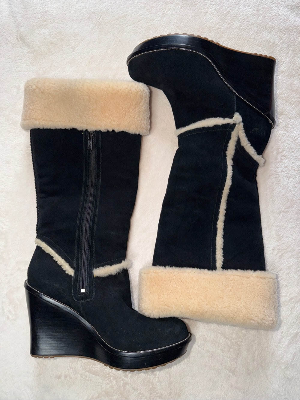 UGG Australia Aubrie Suede Shearling Wedge Knee High Boots Black Size 9.5 - Picture 3 of 15